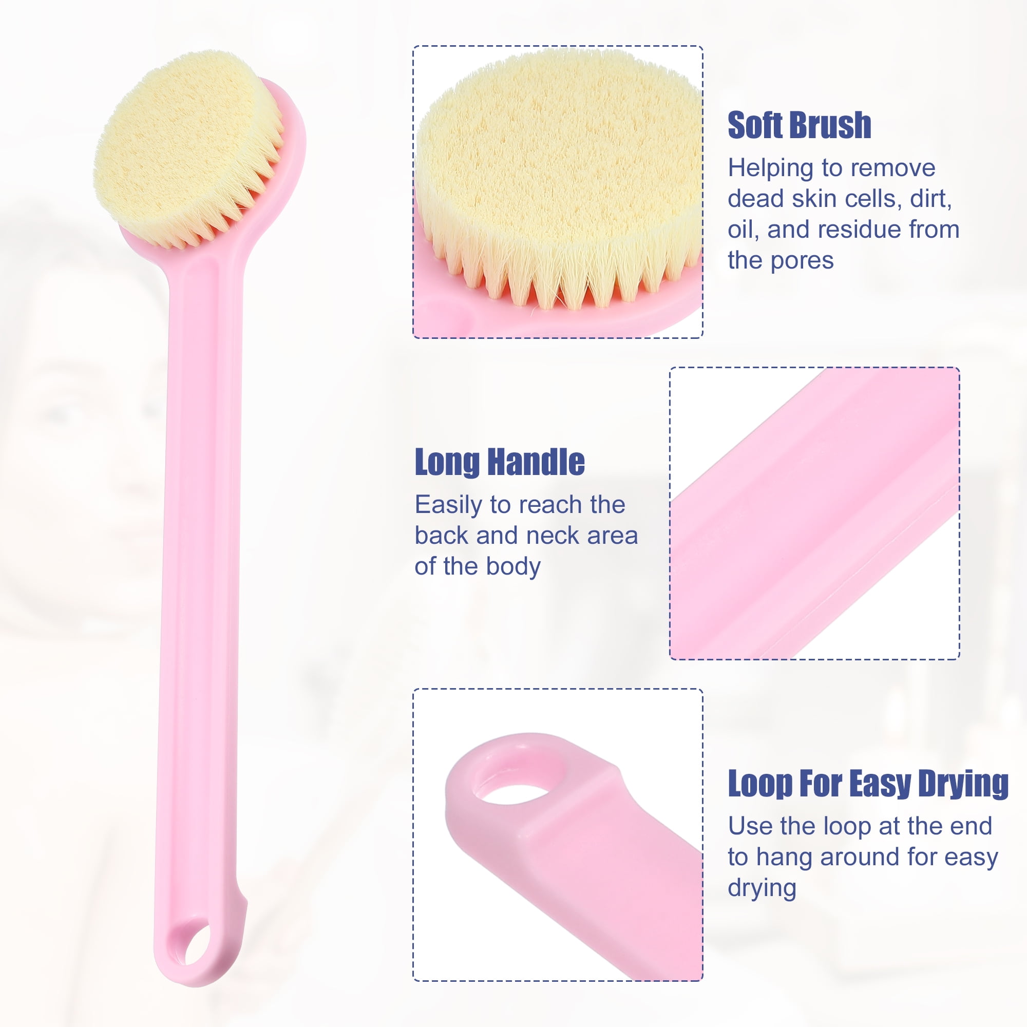 Unique Bargains Long Handle Back Scrubber Shower Brush 13.98"x3.15"x1.18" Pink