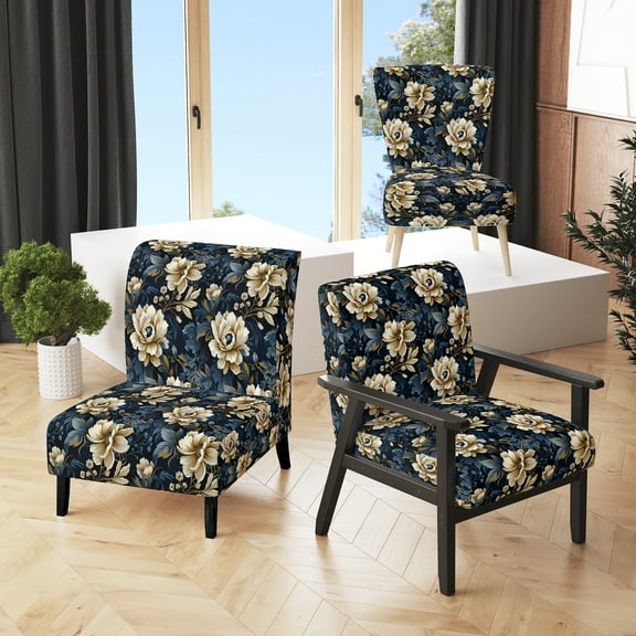 Designart "Royal Blue Peony Damask I" Blue Floral Upholstered Accent Chair - Cottage Arm Chair For Living Room