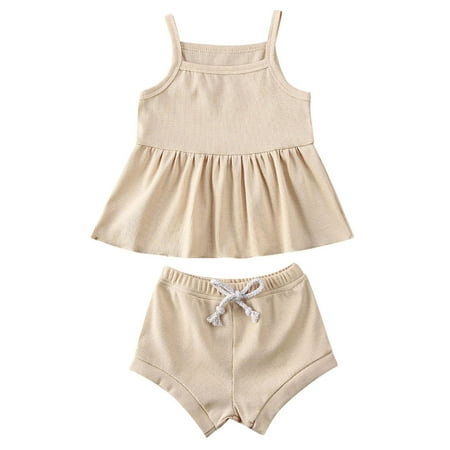 

Nokpsedcb 2PCS Infant Baby Girl Sleeveless Square Neck Plain Dress Solid Color Shorts Beige 0-6 Months