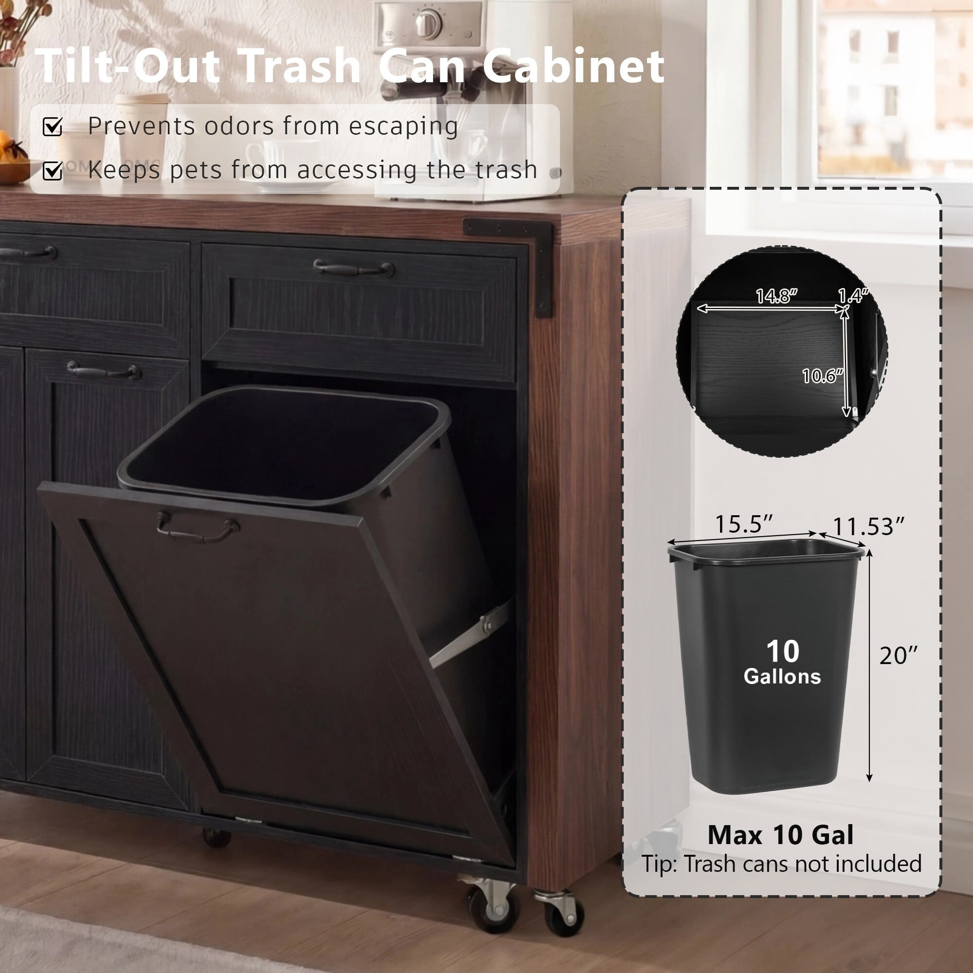 AENKYO 102" Kitchen Island w/ Swivel Extendable Table, Rolling Cart w/ Tilt-out Trash Cabinet & Spice Rack, Black