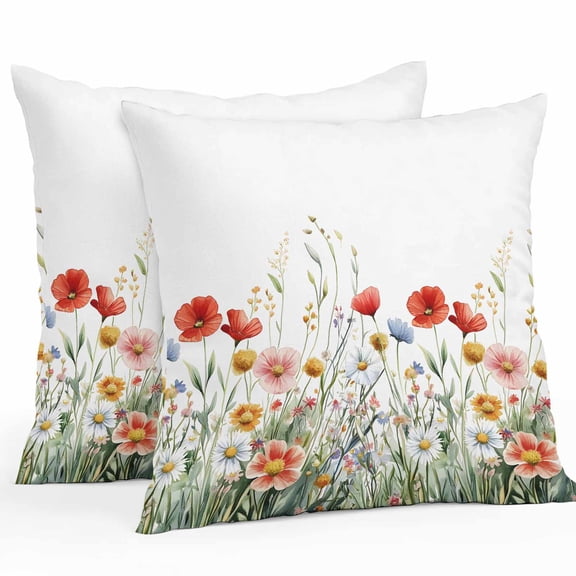 Spring Poppy Outdoor Waterproof Pillow Covers 24x24 Pack of 2 Flower Colorful Wildflower Sage Green Leaves Decorative Outdoor Pillow Covers Square Cushion Cases for Patio Furniture Pergola Couch