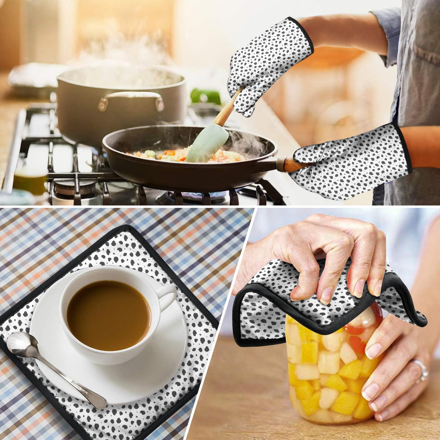 Leopard Print Oven Mitts and Pot Holders Set Of 4, Heat Resistant Kitchen Gloves with Non-Slip Grip, Hanging Loop, Soft Cotton Lining for Baking, Cooking, Grilling, Barbecue