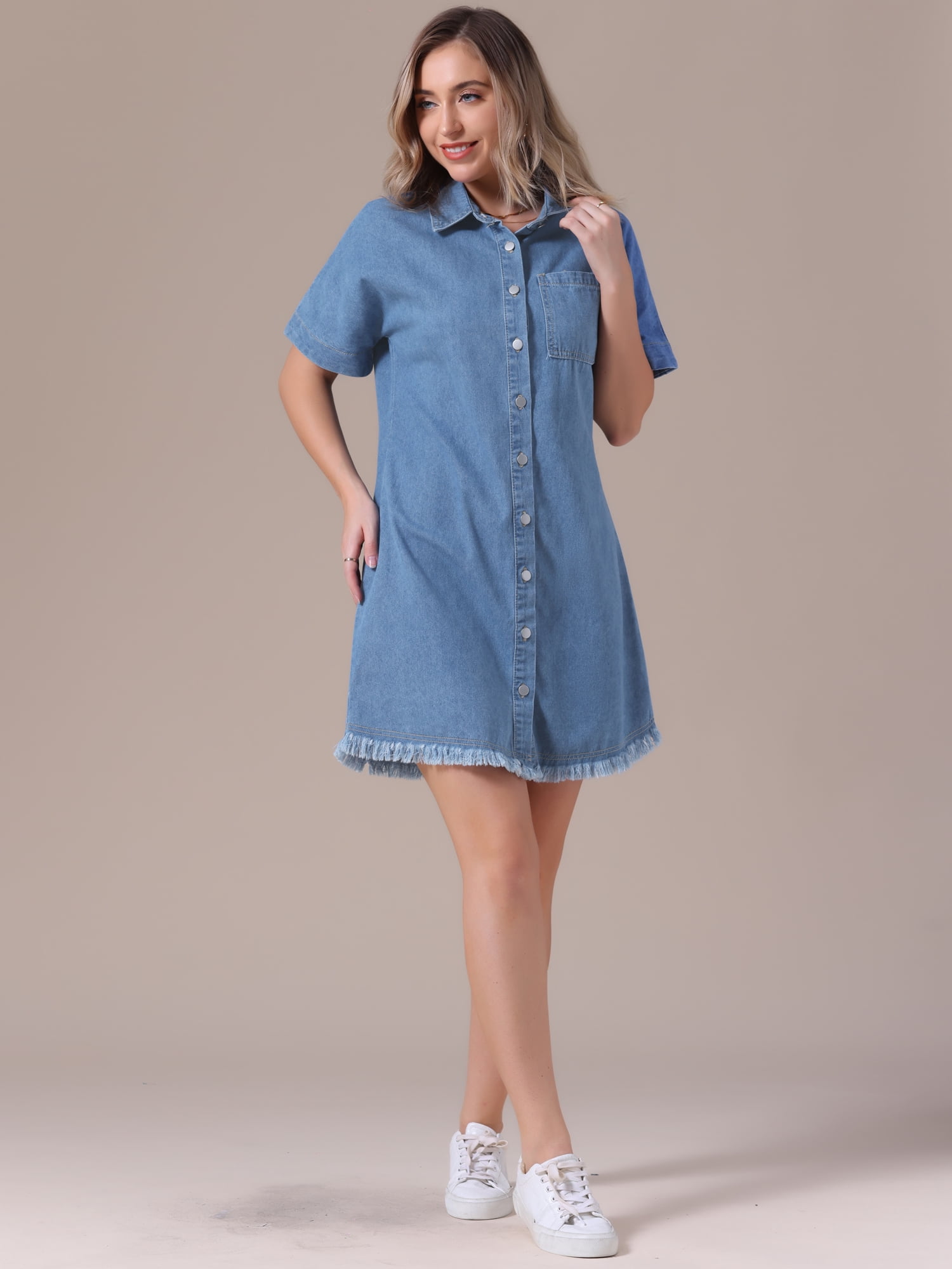 DARING DIVA Short Sleeve Denim Collared Button Front Jean Dress XL Light Blue