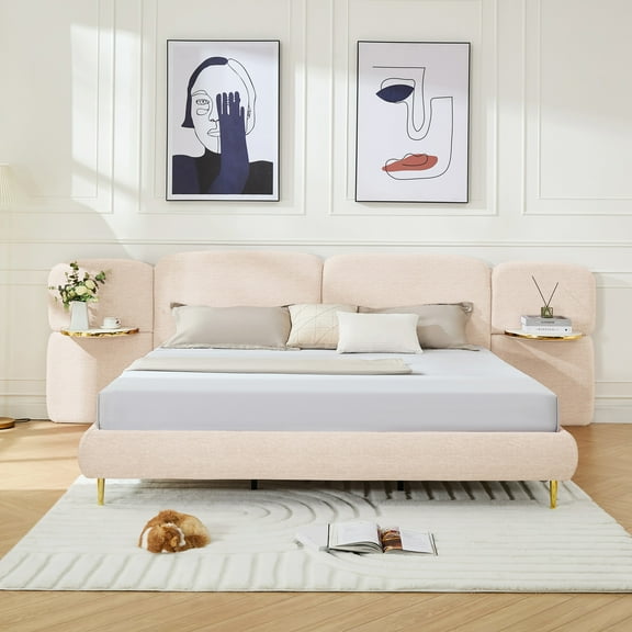 Christopher Knight Home King Size Upholstered Platform Bed Frame with Headboard and Nightstands, Beige