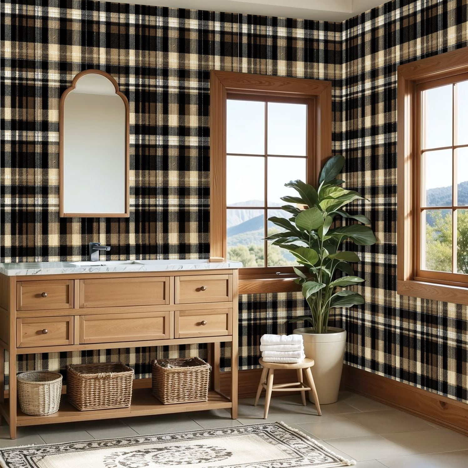 Peel and Stick Wallpaper Tartan plaid gold brown beige black Modern herringbone Wall Mural 23.6in x 9.8ft Self Adhesive Removable Wall Paper Renter Friendly Wallpaper for Bedroom Nursery