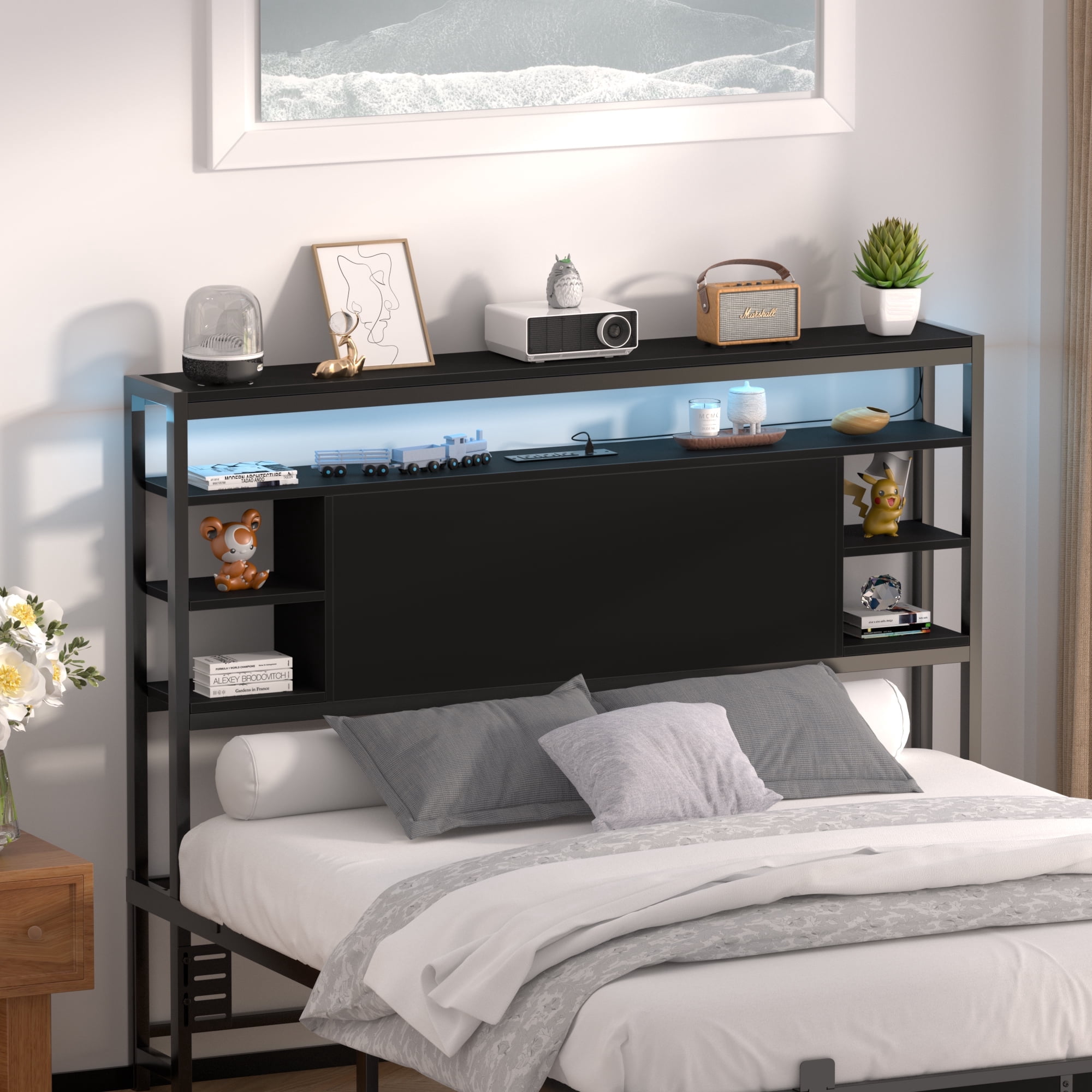 Aheaplus Full Size Headboard with Storage, Outlets & RGB LED Light - Sturdy & Stable Head Board for Bedroom, White - Perfect for Full Size Bed, Dorm Room, and Guest Room