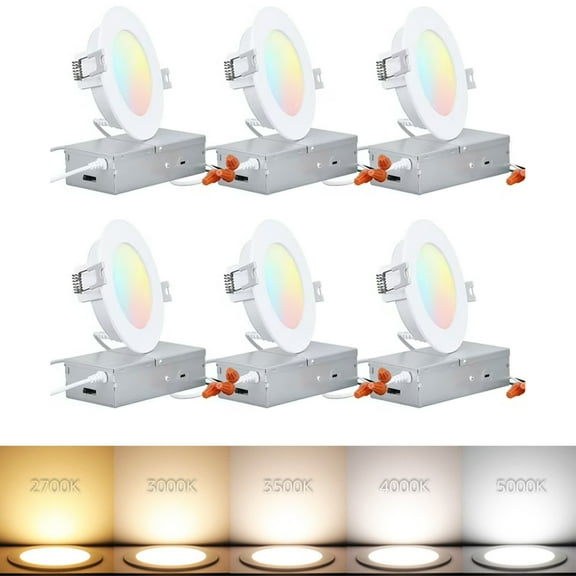 6 Pack 4 Inch LED Recessed Lighting with J-Box, 5CCT Dimmable Ultra-Thin Recessed Downlight, 2700K-5000K Color Temperature Selectable