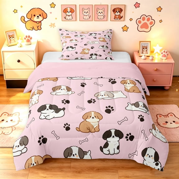 Manfei Kawaii Dog Twin Comforter Sets, Puppy Paw Print Bedding Set, Pink, Pink Reversible, 2pcs, 1 Comforter and 1 Pillowcase