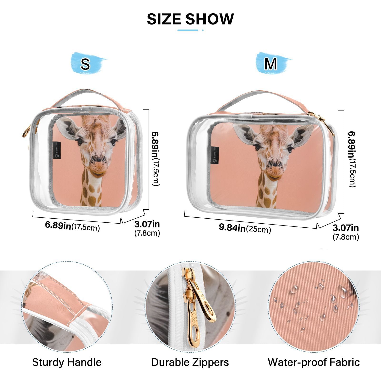 Clear Makeup Bags with Handle Large Opening 2 Pack Set Toiletry Bag Quart Size Bag, for Women Man Traveling Travel Essentials, Toiletries and Other. Giraffe Pink
