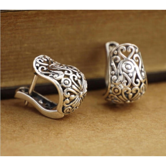 QQTDFG 925 Sterling Silver Oxidized Filigree Oriental Huggie Hoop Earrings Women A1362-default