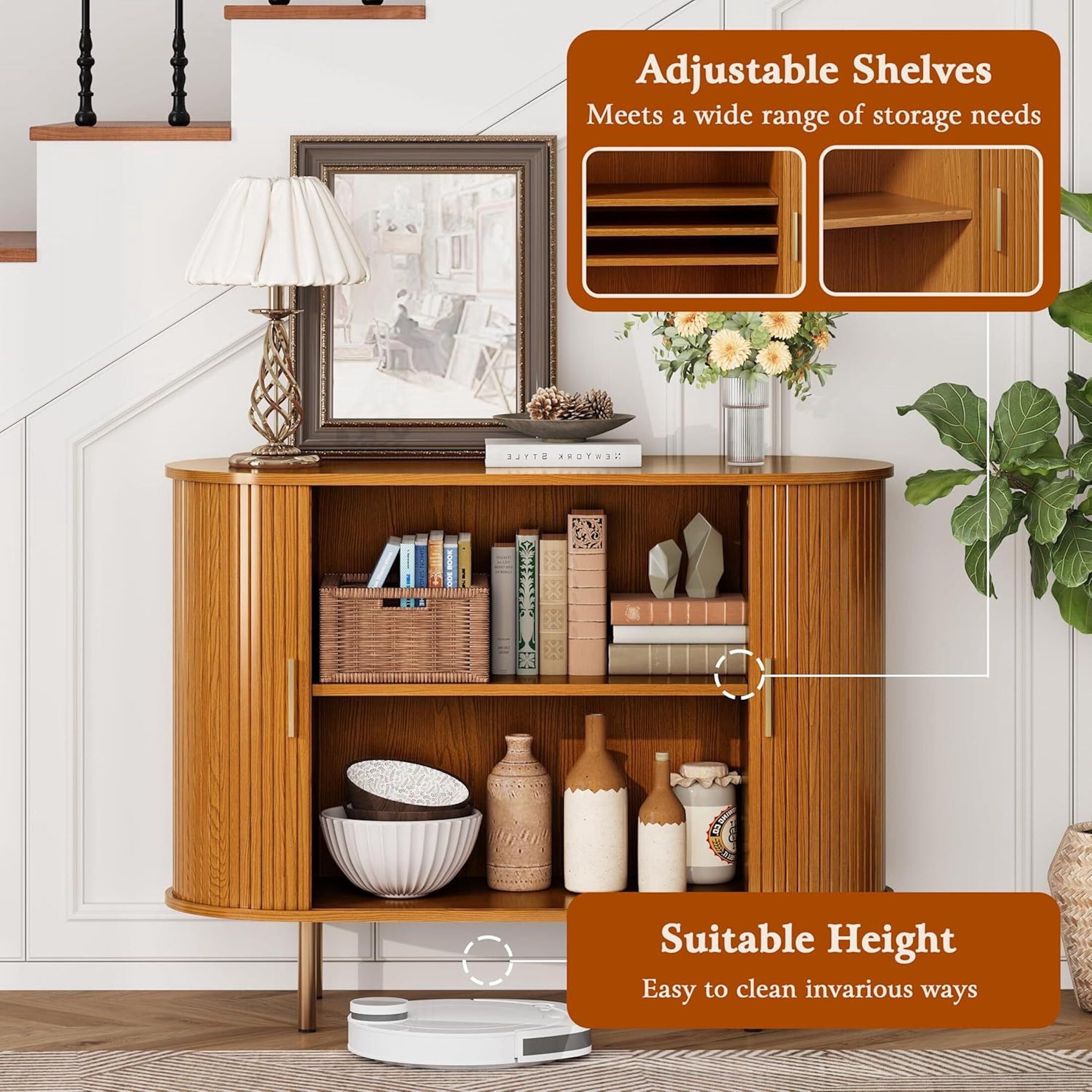 Aisword Sideboard Buffet Cabinet with Storage,Mid Century Modern Fluted Accent Coffee Bar Console Table,Tambour Sliding Doors& Adjustable Shelf for Kitchen, Living Room, Entryway, 40 Inch Yellow