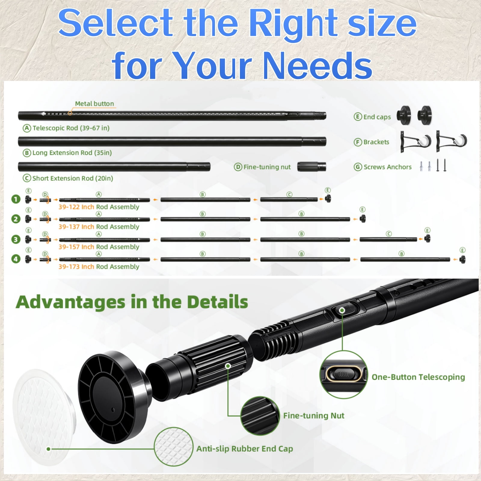 GIRACOA One-Push Tension Curtain Rod, 39-173 Inches Extra Long No Drill Adjustable Spring Rod, Heavy Duty 370 lbs Support, Rustproof Steel for Patio Outdoor Bathroom Window, Matte Black