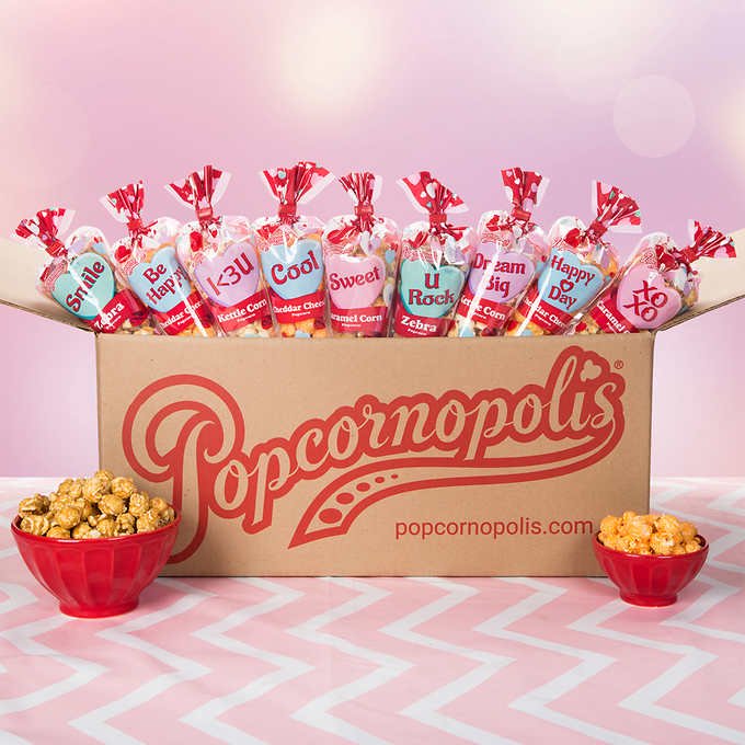 Popcornopolis Case of 24 Valentine’s Day Mini Cones Caramel, Cheddar