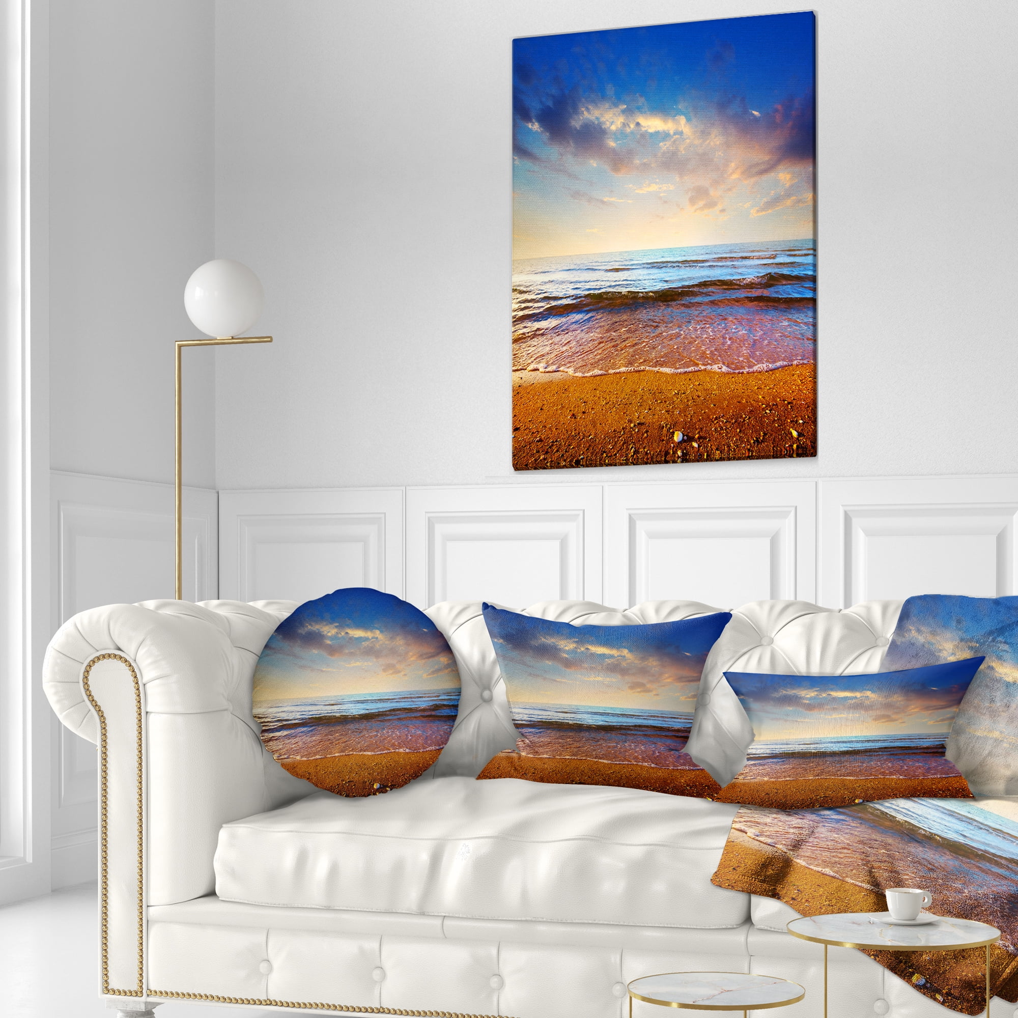 Designart Cloudy Skies with Vibrant Seashore - Modern Beach Throw Pillow - 12x20