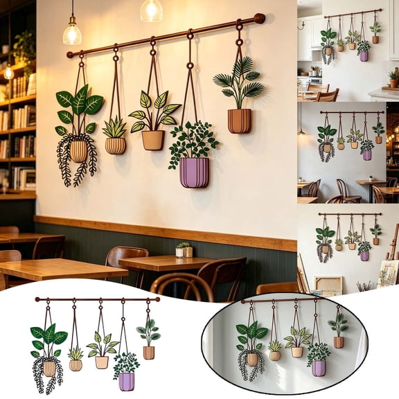 Boho Hanging Potted Metal Wall Art, Vintage Iron Botanical Wall Hanging Decor, Indoor Outdoor Farmhouse Wall Sculpture for Kitchen Porch Living Room Housewarming Gift