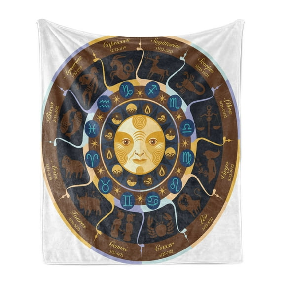 Astrology Soft Flannel Fleece Throw Blanket, Aries Taurus Gemini Cancer Leo Virgo Libra Scorpio Horoscope Signs, Cozy Plush for Indoor and Outdoor Use, 50" x 60", Brown Yellow and Blue, by Ambesonne