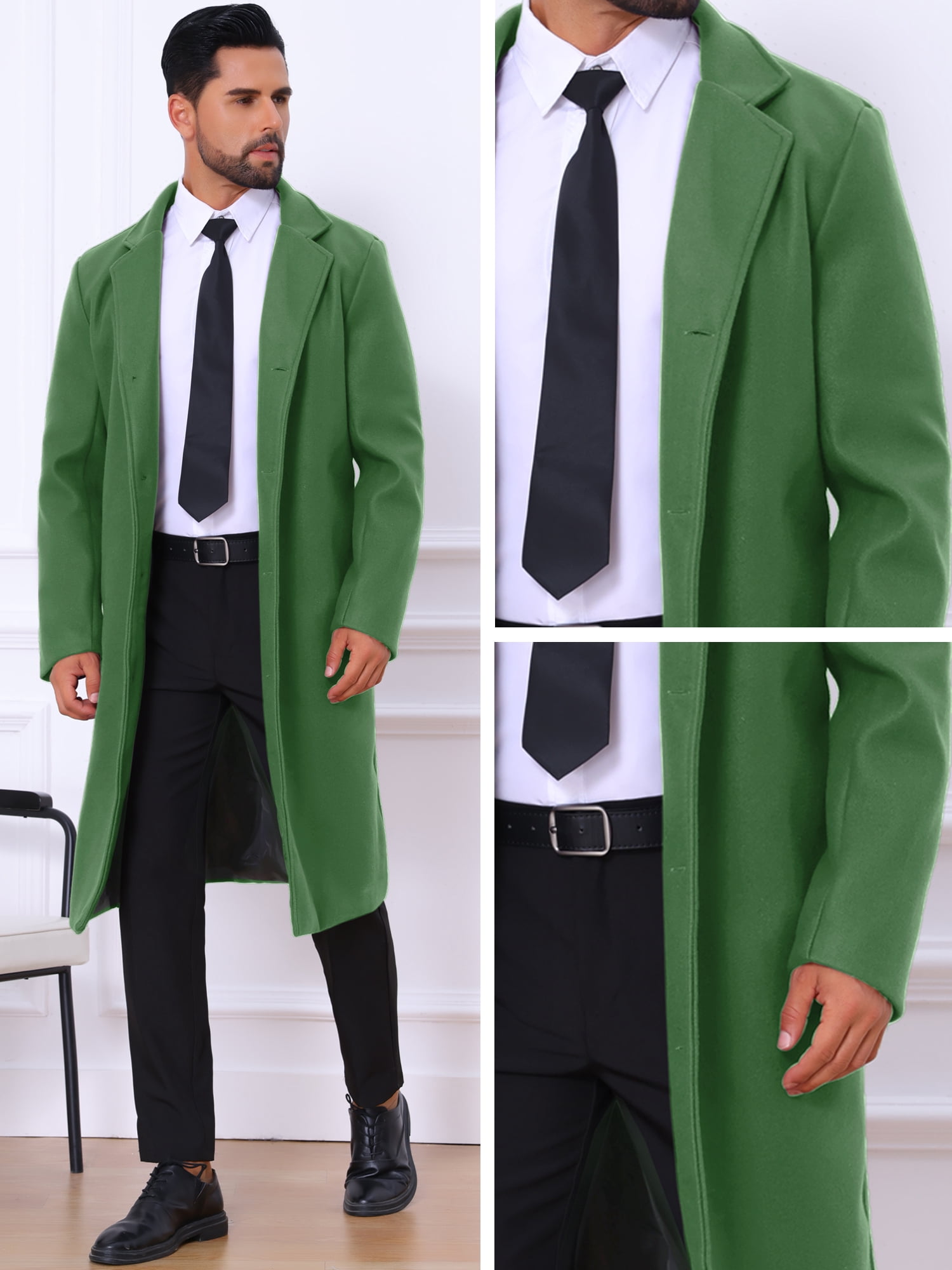 DARING DIVA Men's Single Breasted Notch Lapel with Pockets Trench Overcoat S Green-New