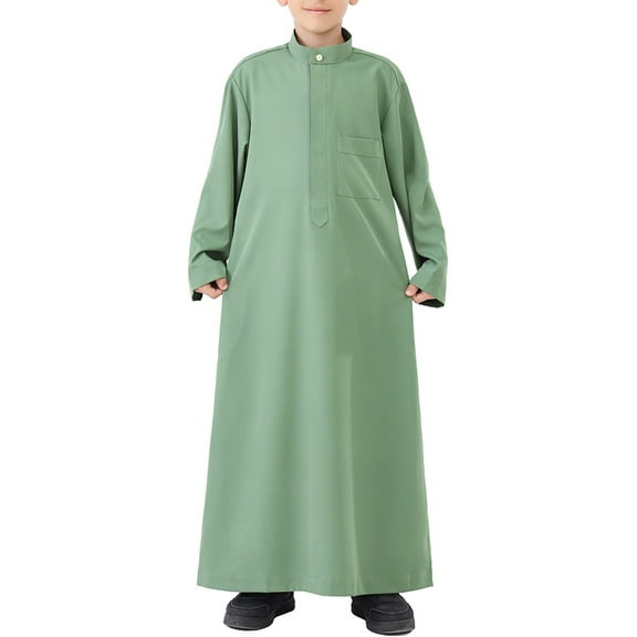 Coerni Boy's Muslim Arab Solid Thobe Long Sleeve Round Collar Kaftan Loose fit Robe Isl𝐚mic Arabic Abaya Thobe Youth Kids