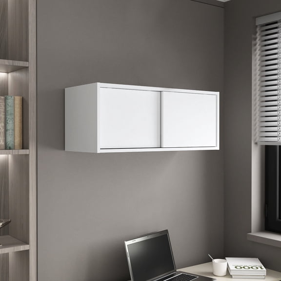 White Wall Cabinet with Sliding Doors - Easy Assembly, Perfect for Storing Kitchen Decor