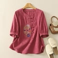 thumbnail image 2 of successthop Womens V Neck T Shirts Chinese Ethnic Embroidery Floral Tops Frog Button Short Sleeve Shirts Clothes Pink XL, 2 of 8
