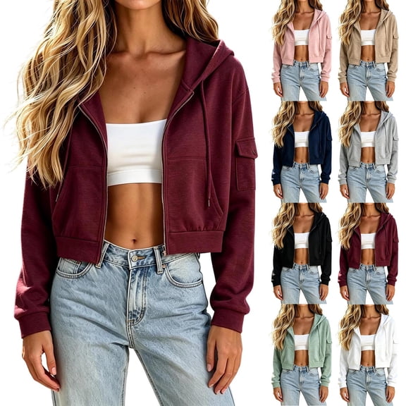 Zip-Up Cropped Hoodies For Women, Long Sleeve Crop Hooded Jacket, Teen Fall Fashion Casual Outerwear With Pocket S-XXL