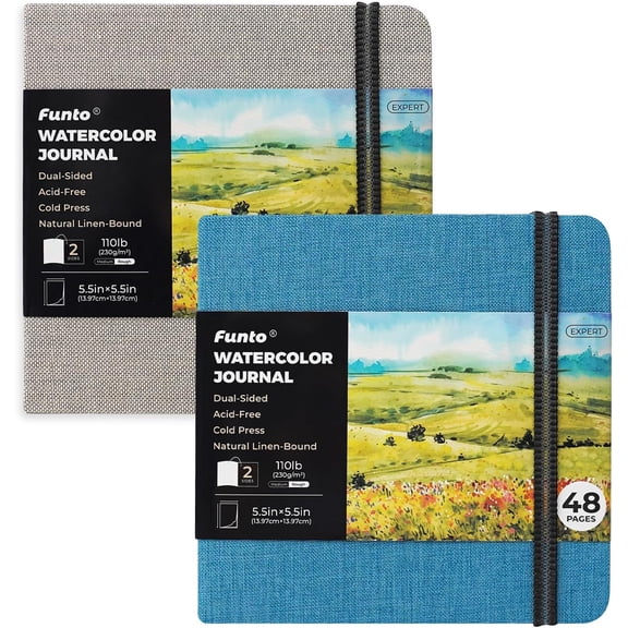 Funto Watercolor Journal, Square, 5.5x5.5, Portable 2-Pack, 48 Pages Each, Gray&Blue Cover, 110lb/230gsm, Art Supplies for Mixed Media