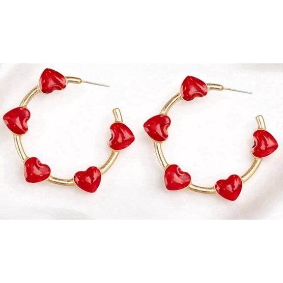 Red Heart Hoop Earrings for Women – Gold Tone Open Hoop Earrings with Red Heart Accents, Lightweight Statement Jewelry, Romantic Fashion Earrings