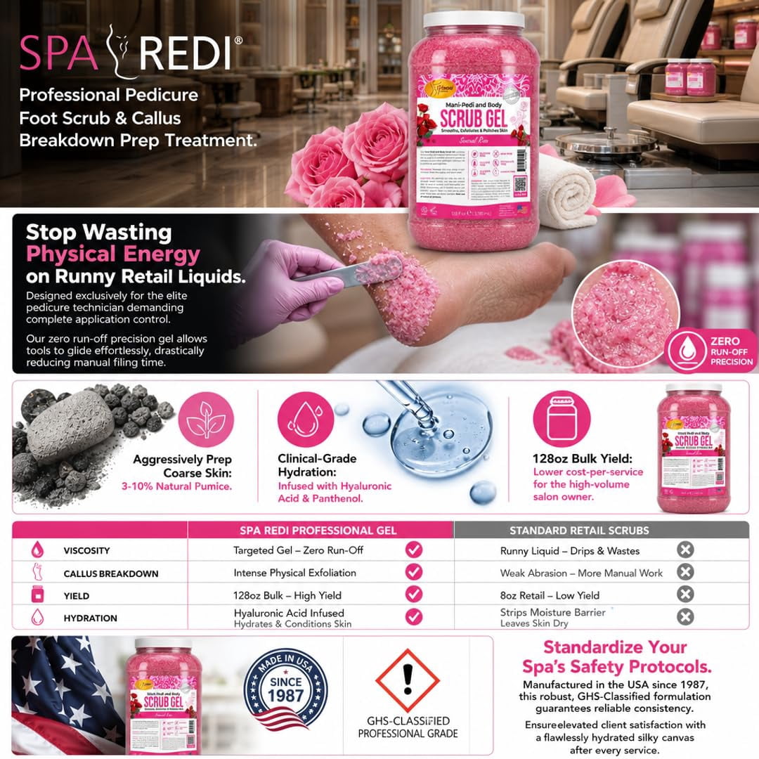 SPA REDI – Sensual Rose Pumice Scrub Gel, Exfoliating, Hydrating & Nourishing, Infused with Hyaluronic Acid, Amino Acids, Panthenol and Comfrey Extract for Glowy Smooth Skin – 128oz Gallon