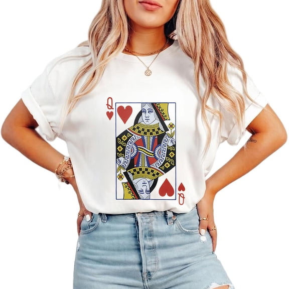 Queen of Hearts Graphic Tees for Unisex Vintage Feminist Print Tshirts Playing Cards Design Short Sleeve Casual Tops for Daily Outfits White,4XL