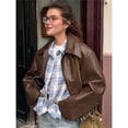 thumbnail image 5 of Women's Leather Jacket Long Sleeve Zipper Faux Oversized Coats Fall Fashion Outfits Winter Clothes Brown L, 5 of 10