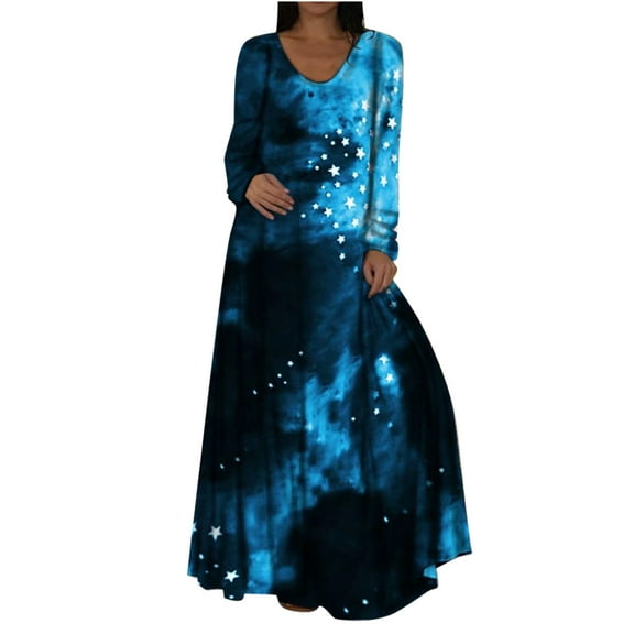 Ichuanyi Woman Dress, Summer Women's Fashion Casual Round Neck Long Sleeve 3D Printed Long Dress