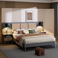 thumbnail image 3 of Luxurious Queen Platform Bed Frame, Solid Wood Headboard with 2 Built-in Wall Sconces & Nightstands, 3-Piece Set Queen Bed Frame for Living Room, Gray, 3 of 9