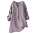 thumbnail image 1 of Blusa con cuello en V y botones estampados para mujer - Camisa informal de lino, diseño a cuadros, para todas las estaciones, ideal para la oficina o para salir de fiesta, 1 of 5