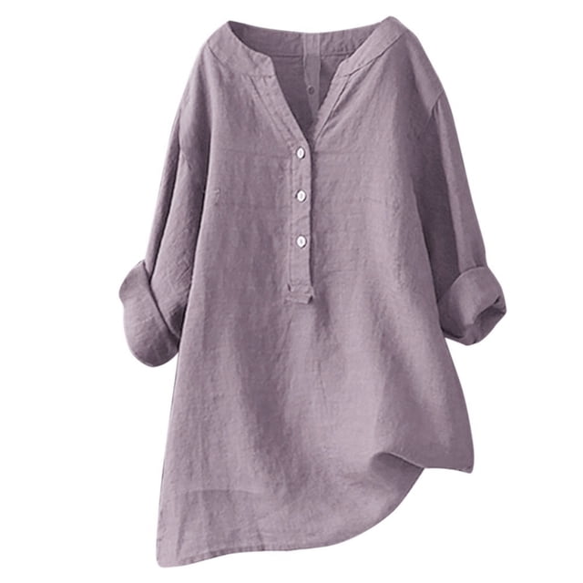 Blusa con cuello en V y botones estampados para mujer - Camisa informal de lino, diseño a cuadros, para todas las estaciones, ideal para la oficina o para salir de fiesta