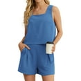 thumbnail image 4 of JWD Women's 2 Piece Square Neck Sleeveless Shorts Casual Set Women's Summer Top Navy Blue L, 4 of 9