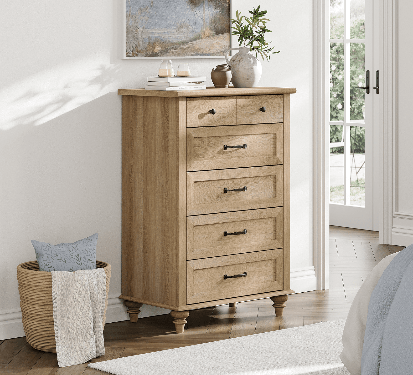 Farmhouse Oak 5-Drawer Dresser, Wooden Chest of Drawers for Bedroom & Living Room
