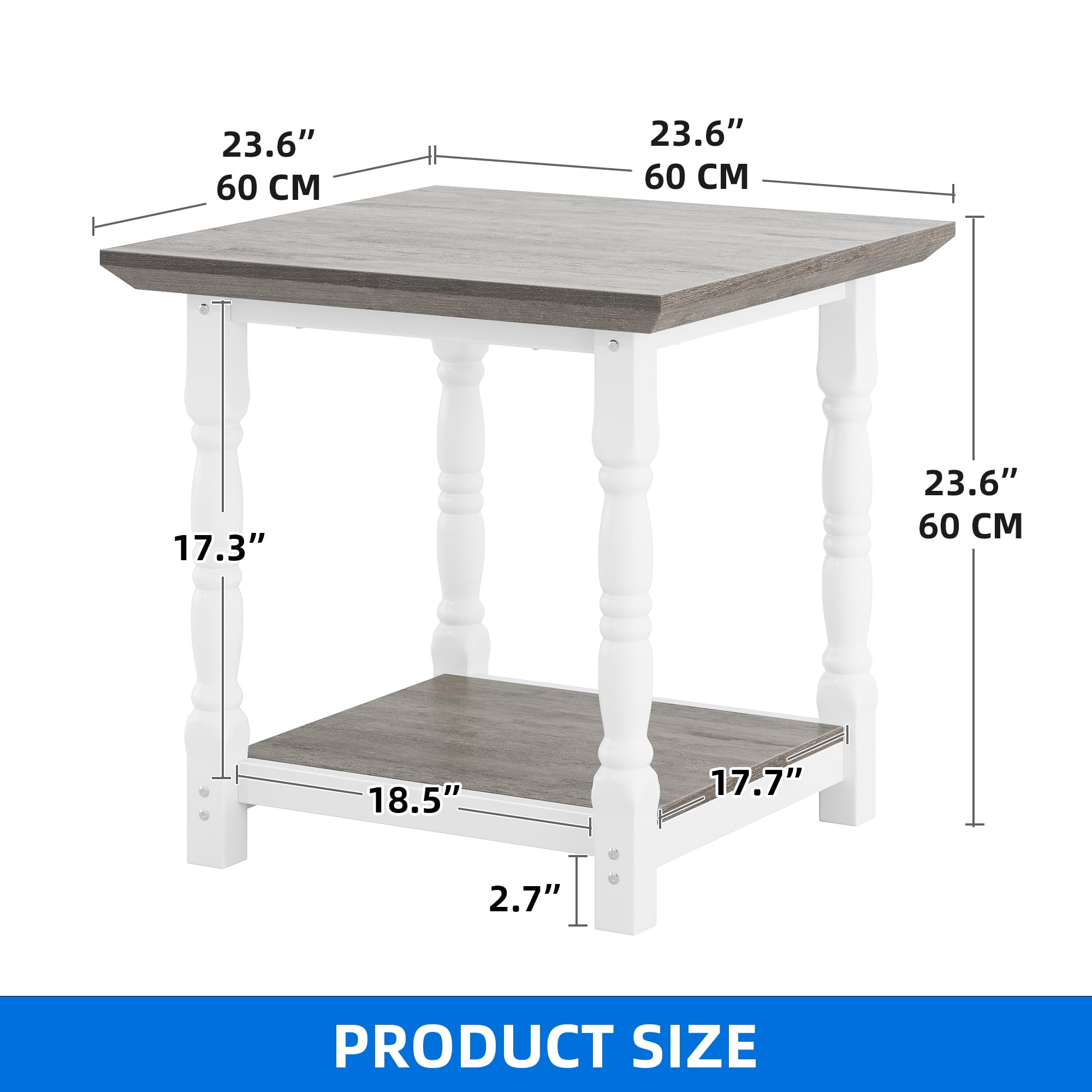 DEXTRUS Square End Table with Storage Shelves, Classic Side Table for Living Room, White & Gray