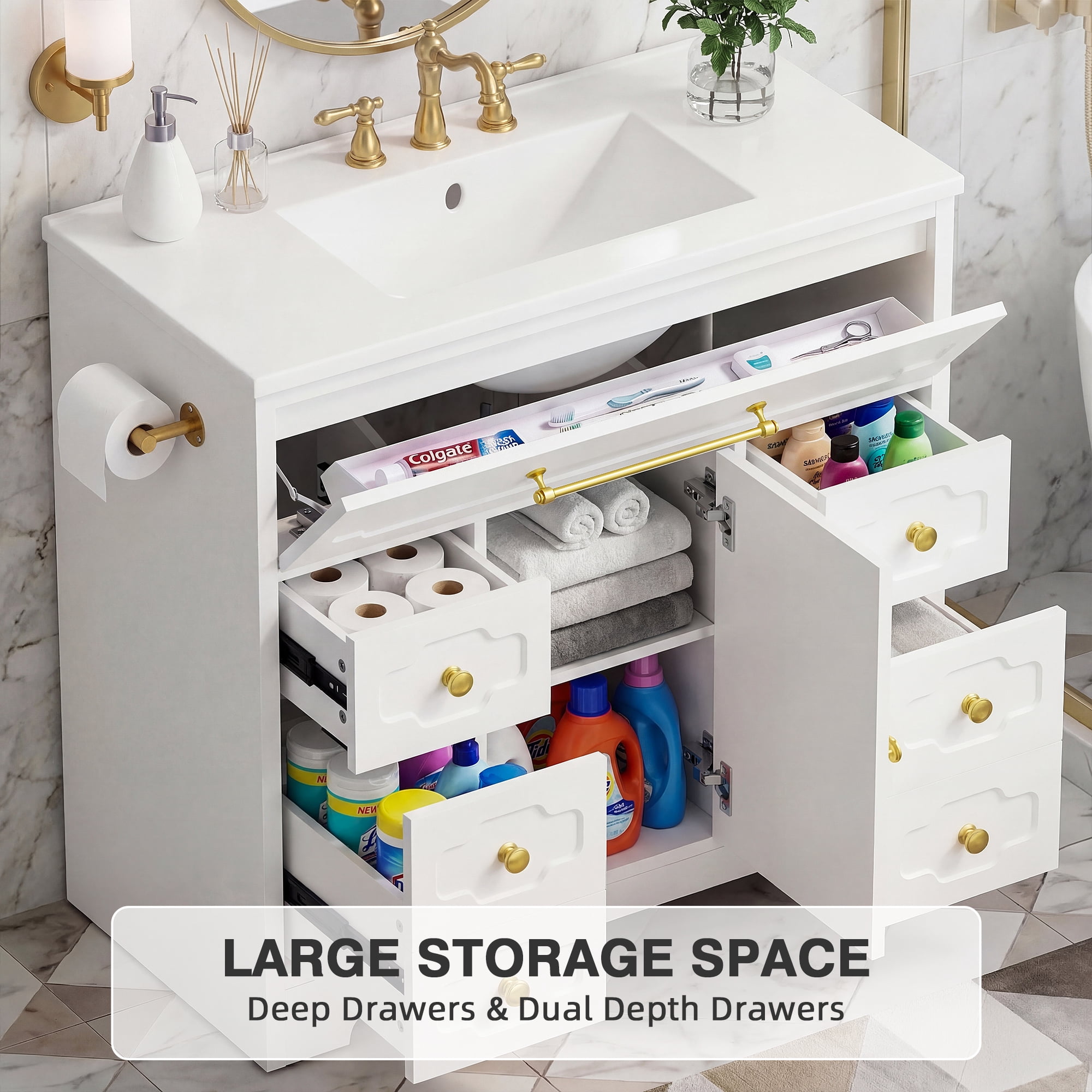 Homall 36'' Bathroom Vanity with Ceramic Sink, Freestanding Bathroom Cabinet with 5 Drawers & 1 Door, Modern Bathroom Vanity, White