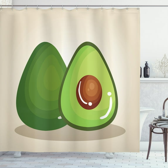 Avocado Shower Curtain, Organic Freshness Theme with Stylized Digital Image of Half Cut Avocado Pieces, Fabric Bathroom Set with Hooks, 69W X 84L Inches Extra Long, Multicolor, by Ambesonne
