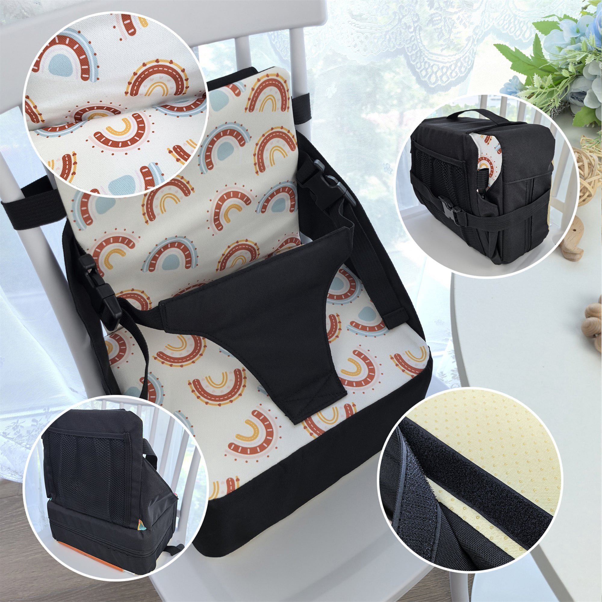 GOLDCOLIN 2-in-1 Toddler Booster Seat & Diaper Bag Folds into Bag with Mesh Side Pockets Storage for Diapers Bottles Waterproof Portable Adjustable Straps Non-Slip