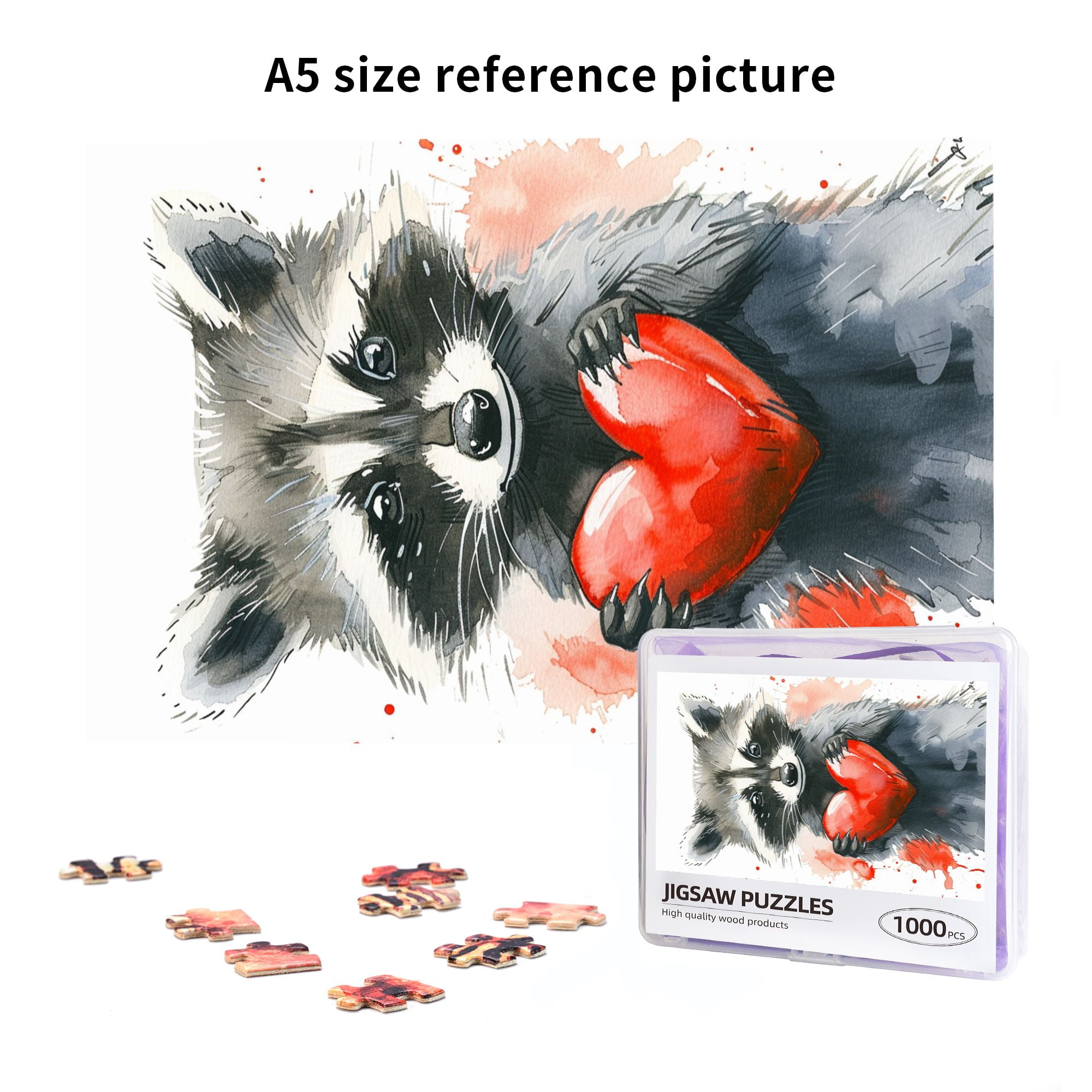 1000 pcs Raccoon's Love Wooden Puzzle 1000 Piece,Stress relieving pleasure,Unique Artwork for Animal,Creative Activity Hobbies for Adults,Impossible Hard Difficult Challenging Puzzles for Adults