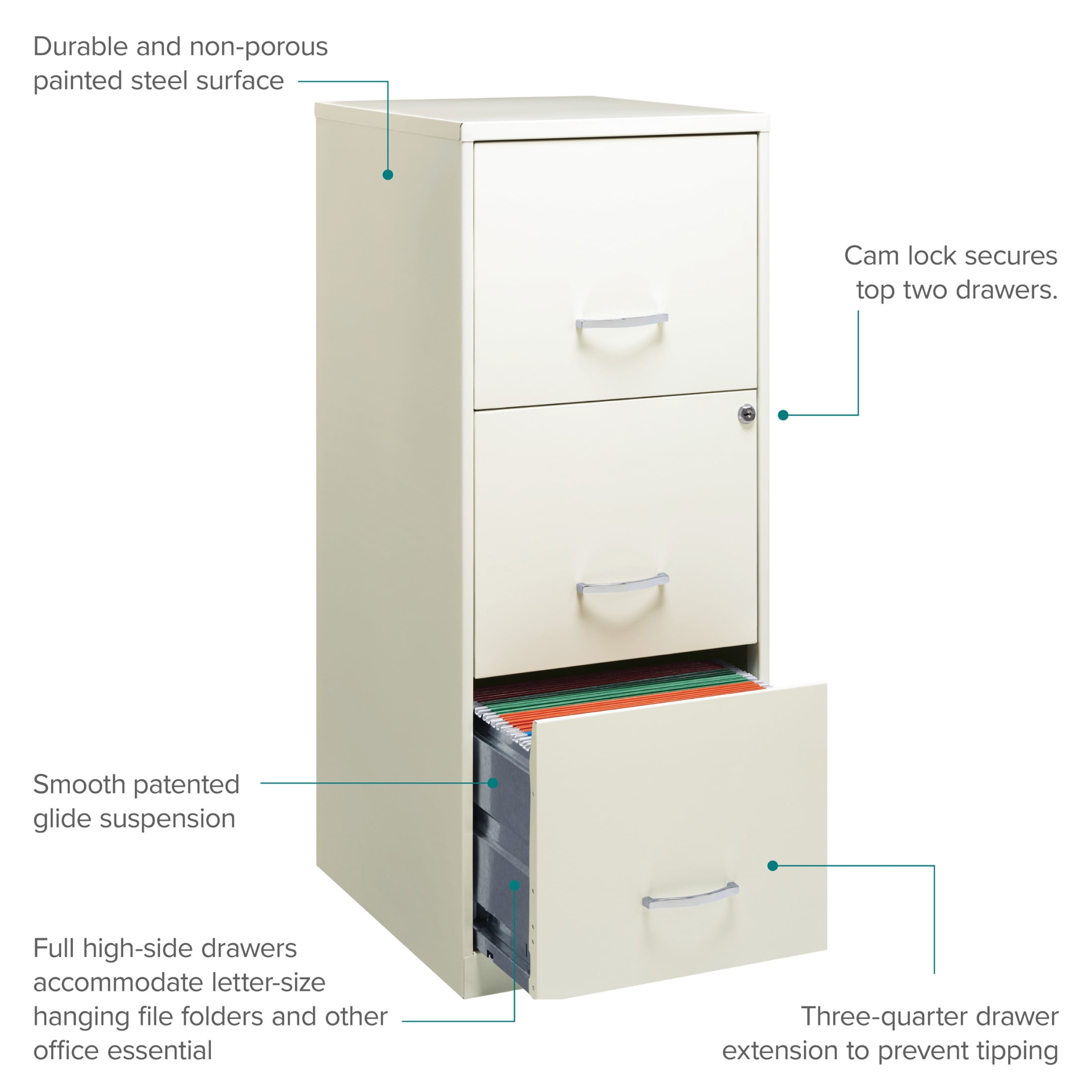 Space Solutions 18" Deep 3 Drawer Smart Letter Width Vertical File Cabinet, White