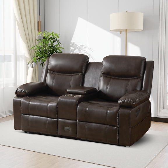Loveseat Recliner Sofa, PU Leather Sofa Couch, Manual Recliner Loveseat with Console, Double Reclining RV Sofa with Cup Holders and Side Pocket for Living Room/Office/Apartment