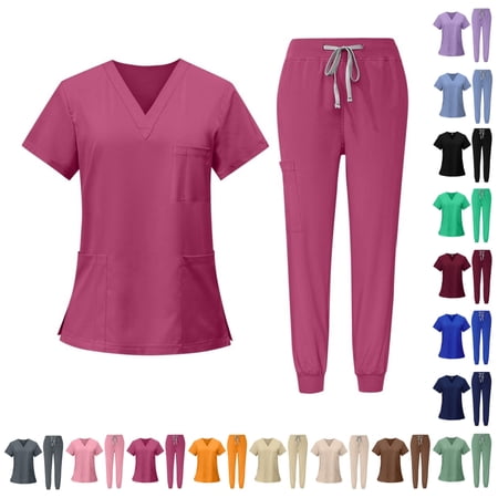 HKYNLAG Scrubs Sets for Women 2 Piece Nurse Working Uniforms Casual Comfy Solid V-Neck Caregiver Top and Drawstring Waist Pants with Pockets Royal Blue XL