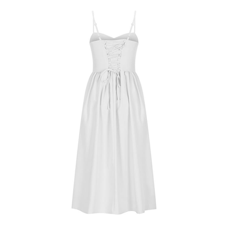 Nxmzxb Corset Dress for Women Formal Spaghetti Strap Bustier Midi Dresses Flowy Pleated Hem Low Cut Prom Sundress with Pockets White M, Women's, Size: