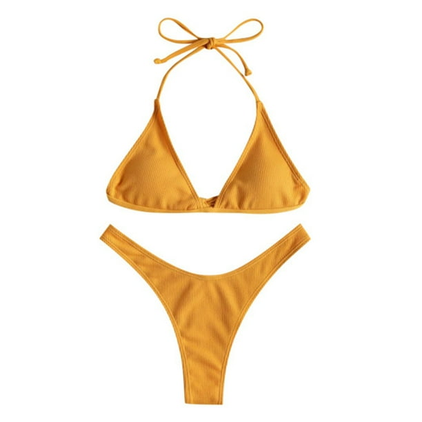 Advancent Bañador Push Up para mujer, bañador de playa de Color sólido, correas ajustables para buceo al aire libre, baño, fiesta en la Traje de baño Amarillo S