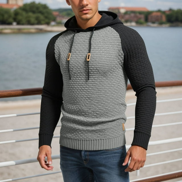 MHFRRA Sudadera con Capucha Informal de Manga Larga con Cuadros Pequeños y Bloques de Color para Hombre Gris