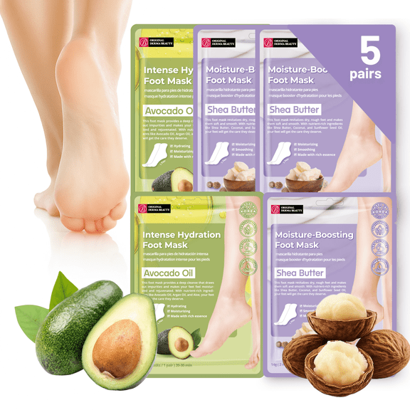 Original Derma Beauty 5-Pairs Moisturizing Foot Mask for All Skin Types, Shea Butter & Avocado