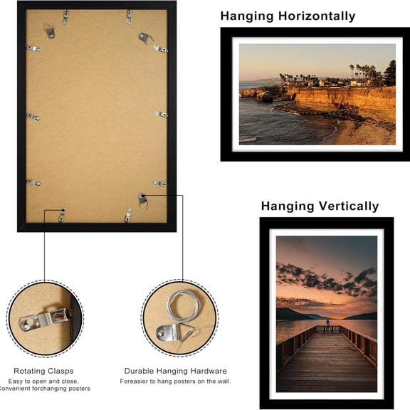 12x18 Picture Frame Set of 2, 12 x 18 Wood Poster Frames with Mat for 11x17, Wooden Photo Frames with Tempered Glass Cover for Wall Display