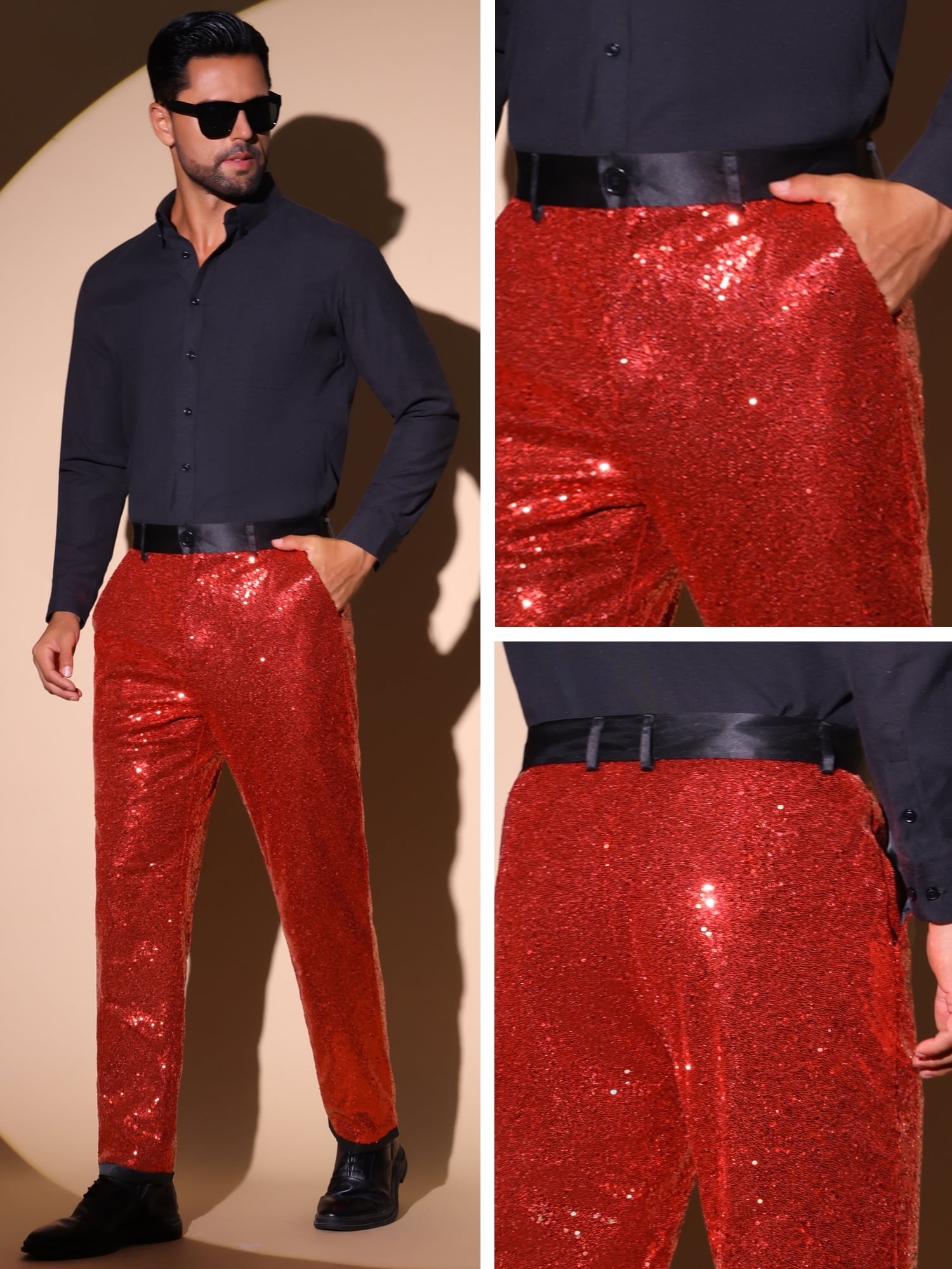 DARING DIVA Men's Shiny Sequin Pants with Straight Leg Design Pants 38 Red